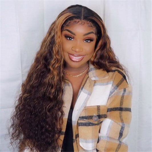 European And American Style Women's Wig High Temperature Silk Wigs Brown Gradient Highlighting Gold Center Point Long Curly Wig Headgear