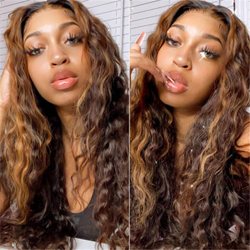 European And American Style Women's Wig High Temperature Silk Wigs Brown Gradient Highlighting Gold Center Point Long Curly Wig Headgear